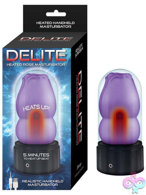 Delite Heated Rose Masturbator In Purple Upright On Neutral Background Showing Textured Tpe Sleeve And Abs Shell