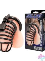 Deluxe metal chastity cage with padlock and key shown in black and clear options