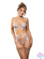 Silver metallic mesh bra, garter belt, and g-string lingerie set with rhinestone-link hardware, size M/L