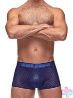 Sheer navy blue diamond mesh mini short with low-rise waist and high-cut legs by Male Power