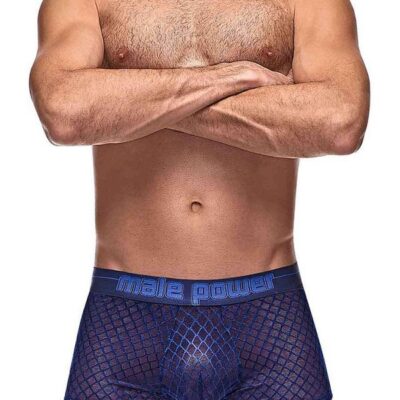 Sheer navy blue diamond mesh mini short with low-rise waist and high-cut legs by Male Power