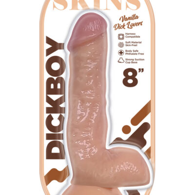 dickboy skins dildo with balls 8 inch vanilla dick by Hott Products — realistic shaft with suction cup base