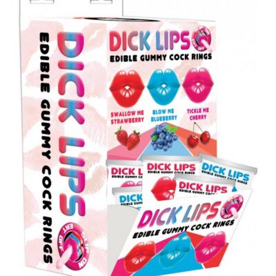Dicklips edible gummy cock rings assorted strawberry blueberry cherry 21-piece display by Hott Products