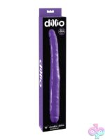 Dillio 16-inch double-ended dildo with suction cup base in pink and purple on a neutral background