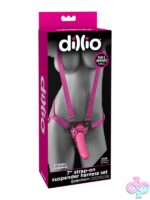Dillio 7-inch strap-on suspender harness set in pink and black with adjustable nylon straps by Pipedream Products