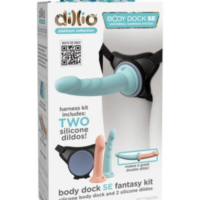 Body Dock SE Fantasy Kit with 6-inch and 7-inch platinum silicone dildos and harness system by Pipedream Products