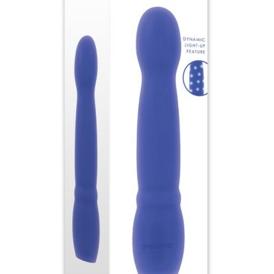Light-up G-spot vibrator in blue silicone with swirling LED display by Evolved Novelties