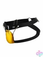 Yellow chain-link faux leather jockstrap with metal rings by Male Basics