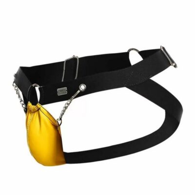 Yellow chain-link faux leather jockstrap with metal rings by Male Basics