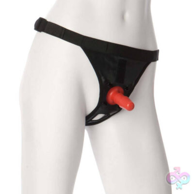 Vac U Lock Ultra Harness With Plug by Doc Johnson — black fabric harness with red insertable plug attachment