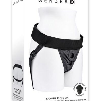 Double Rider adjustable black Lycra strap-on harness with dual toy openings by Gender X