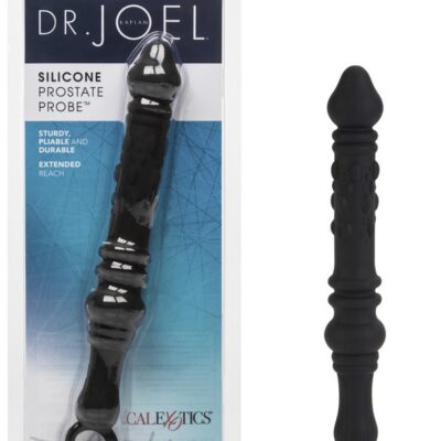 Black silicone prostate probe with curved shaft, textured ridges, and retrieval ring on a neutral background