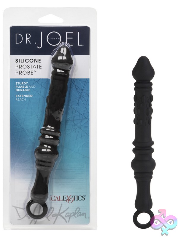 Discreet-Toys-Dr-Joel-Kaplan-Silicone-Prostate-Probe-Black-Nu-Se-5639-01-2 Black Silicone Prostate Probe With Curved Shaft, Textured Ridges, And Retrieval Ring On A Neutral Background