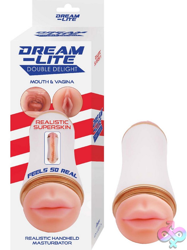 Discreet-Toys-Dream-Lite-Double-Delight-White-Nu-Nw3090 Dual-Entry Handheld Masturbator In White With Realistic T-Skin Sleeve By Nasstoys