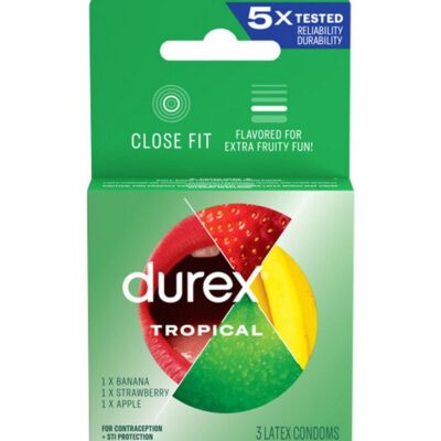 Tropical flavored latex condoms 3-pack in multi-color packaging by Paradise Marketing