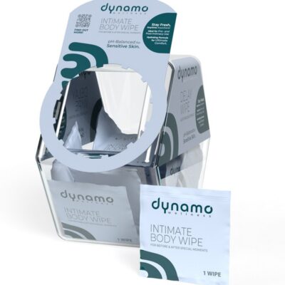 Dynamo Wellness Intimate Body Wipes Candy Bowl 100-count display in white by Dynamo Wellness