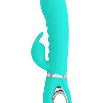 Bendable blue silicone rabbit vibrator with G-spot curve and clitoral stimulator by Dyso