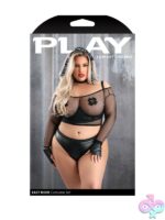 7-piece biker lingerie costume set in black wetlook fabric with fishnet top and stud details