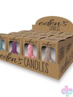 12-count penis-shaped vanilla-scented novelty candle retail display in blue, eggplant, and taupe by Little Genie