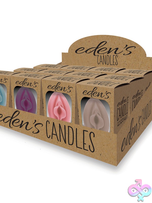 Discreet-Toys-Eden-S-Candles-Vjay-12Ct-Display-Nu-Lgcp-1161 12-Count Novelty Shape Vanilla-Scented Candle Countertop Display In Blue, Eggplant, Rose, And Taupe By Little Genie