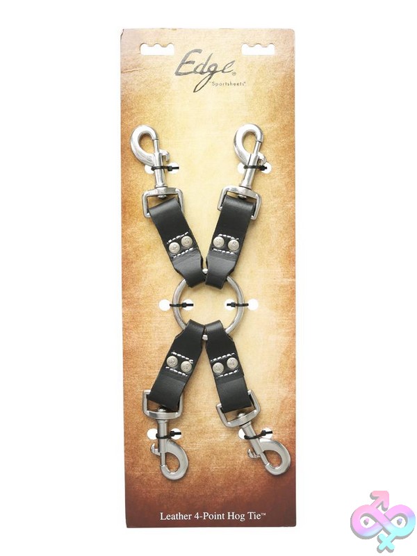 Discreet-Toys-Edge-Leather-4-Point-Hog-Tie-Nu-Ss980-00 Black Cowhide Leather 4 Point Hog Tie With Nickel-Free Clips And Metal O-Ring By Sportsheets