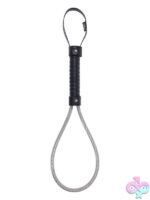 Black faux leather-handled metal loop spanker with vinyl-coated steel wire loop by Sportsheets