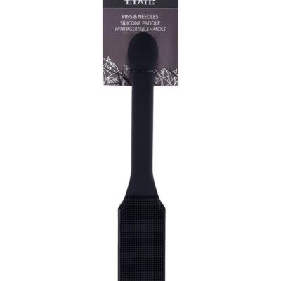 Black pins and needles textured silicone paddle with metal-reinforced handle by Sportsheets