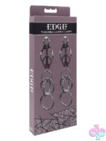 Polished silver tuggable clover clamps with silicone tips and four-ring system by Sportsheets