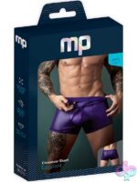 Male Power Eggplant Crossover Short in plum purple showing contoured pouch and decorative elastic straps