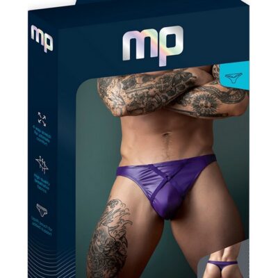 Male Power Eggplant Crossover Thong in purple with decorative elastic straps and contoured pouch