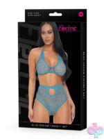 Baby blue thick fishnet halter top and high-waist panty set with keyhole detail by Electric Lingerie