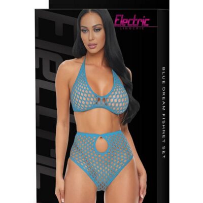 Baby blue thick fishnet halter top and high-waist panty set with keyhole detail by Electric Lingerie