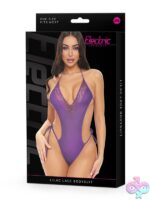 Lilac purple lace halter bodysuit with cheeky thong cut and tie-back closure by Electric Lingerie