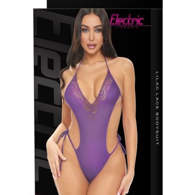 Lilac purple lace halter bodysuit with cheeky thong cut and tie-back closure by Electric Lingerie