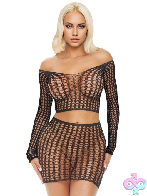 Long Sleeve Fishnet Crop Top &Amp; Mini Skirt Set - Image 2