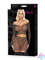 Black long sleeve fishnet crop top and mini skirt set by Electric Lingerie