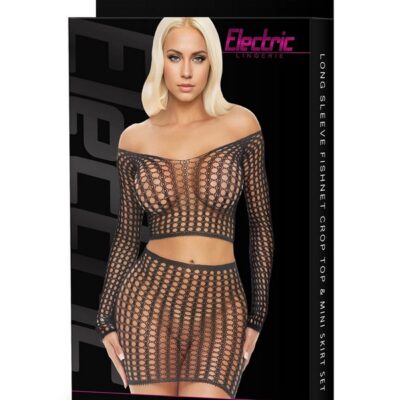Black long sleeve fishnet crop top and mini skirt set by Electric Lingerie