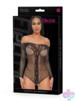 Black fishnet and lace trim open-shoulder bodysuit by Electric Lingerie