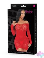 Figure-hugging red lace and mesh off-the-shoulder mini dress by Electric Lingerie