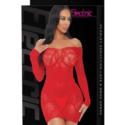 Figure-hugging red lace and mesh off-the-shoulder mini dress by Electric Lingerie
