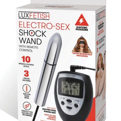 Black metal electro-stim shock wand with wireless remote and satin blindfold by Lux Fetish