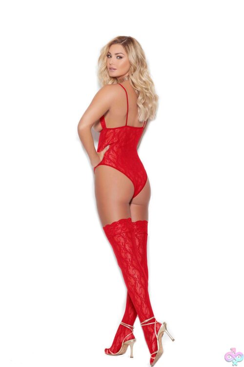Cupless Lace Teddy With Matching Thigh Highs - Red, Back View