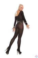 Opaque Long Sleeve Bodystocking with Open Crotch - Elegant Moments, back view, black