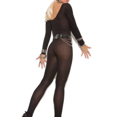 Opaque Long Sleeve Bodystocking with Open Crotch - Elegant Moments, back view, black