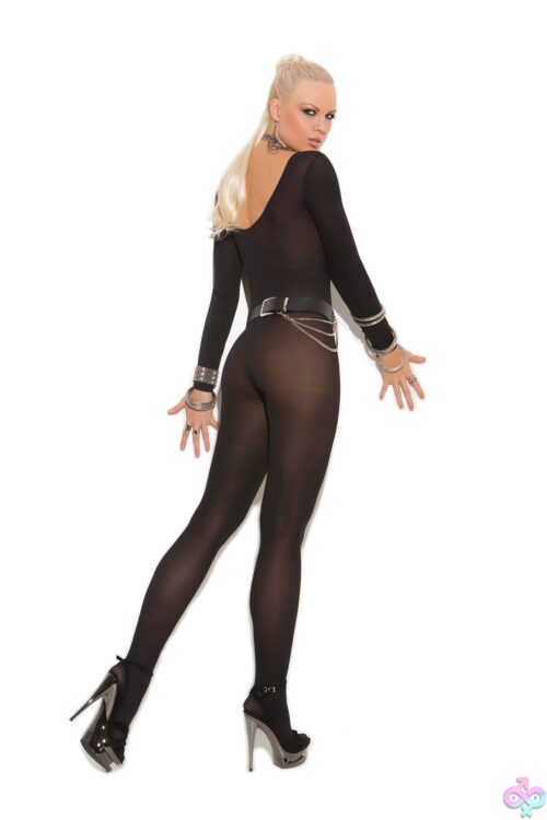 Opaque Long Sleeve Bodystocking With Open Crotch - Elegant Moments, Back View, Black