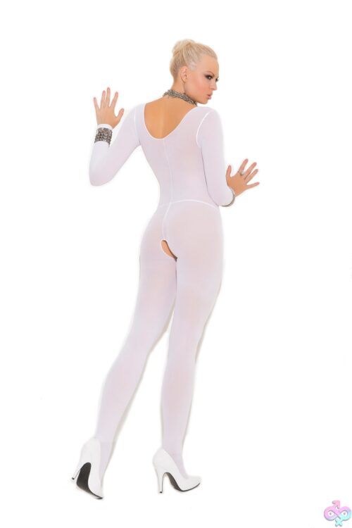 Opaque Long Sleeve Bodystocking With Open Crotch - Elegant Moments, Back View, White