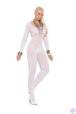 Opaque Long Sleeve Bodystocking with Open Crotch - Elegant Moments, front view, white