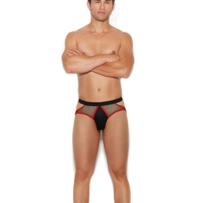 Lycra jockstrap with fishnet panels and red trim in black by Elegant Moments