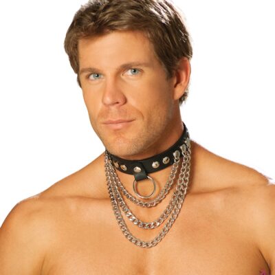 Leather Collar with Chains and O Ring in Black by Elegant Moments