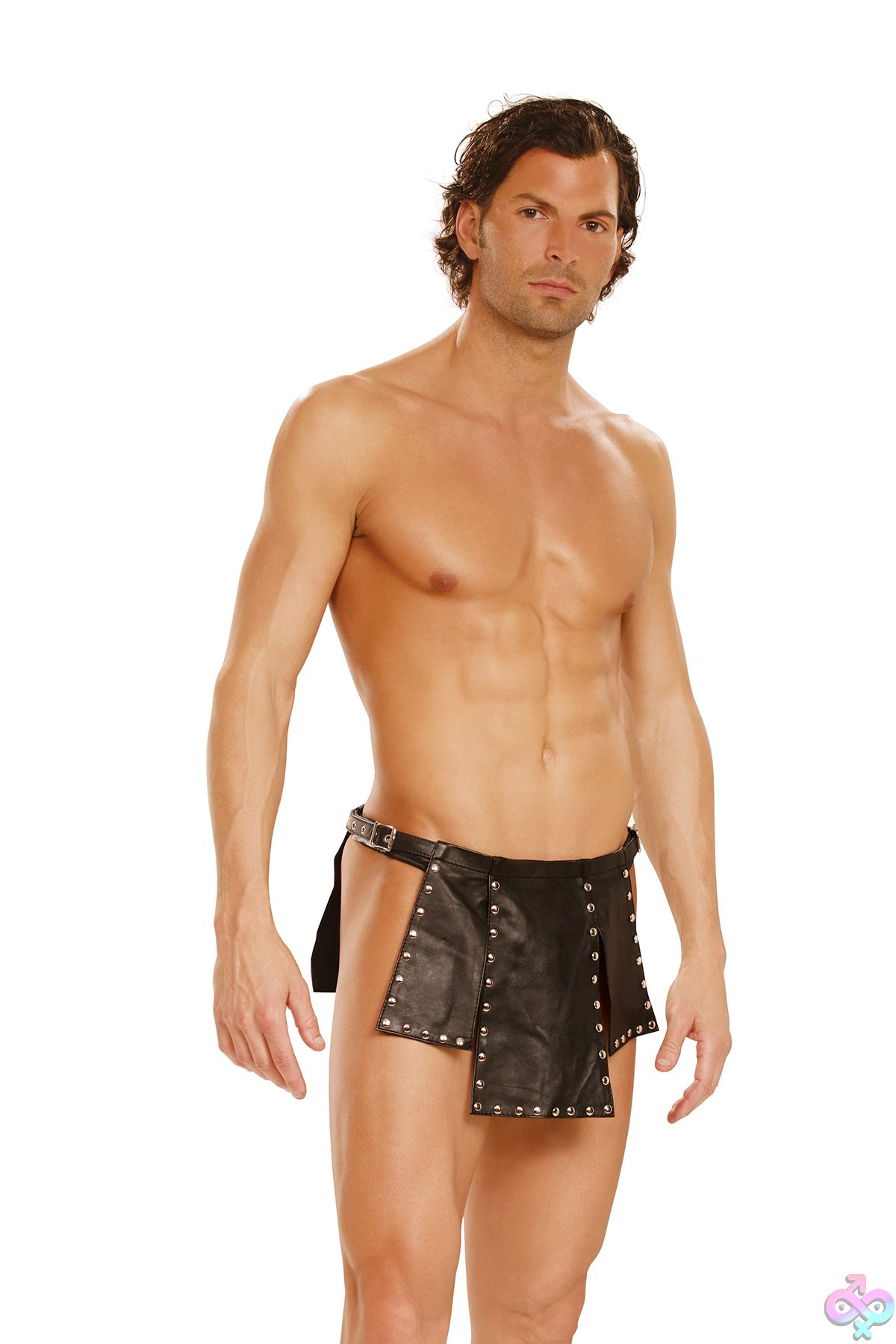 Discreet-Toys-Elegant-Moments-L9869_F Black Leather Kilt With Decorative Nail Head Detailing And Adjustable Buckle Closure By Elegant Moments